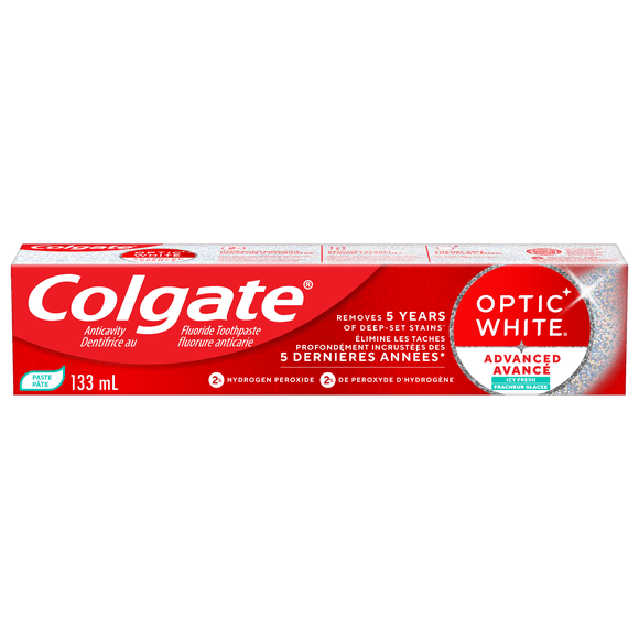 Dentifrice au fluorure Colgate Optic White Avancé Fraîcheur glacée, lot de 24, 133 ml