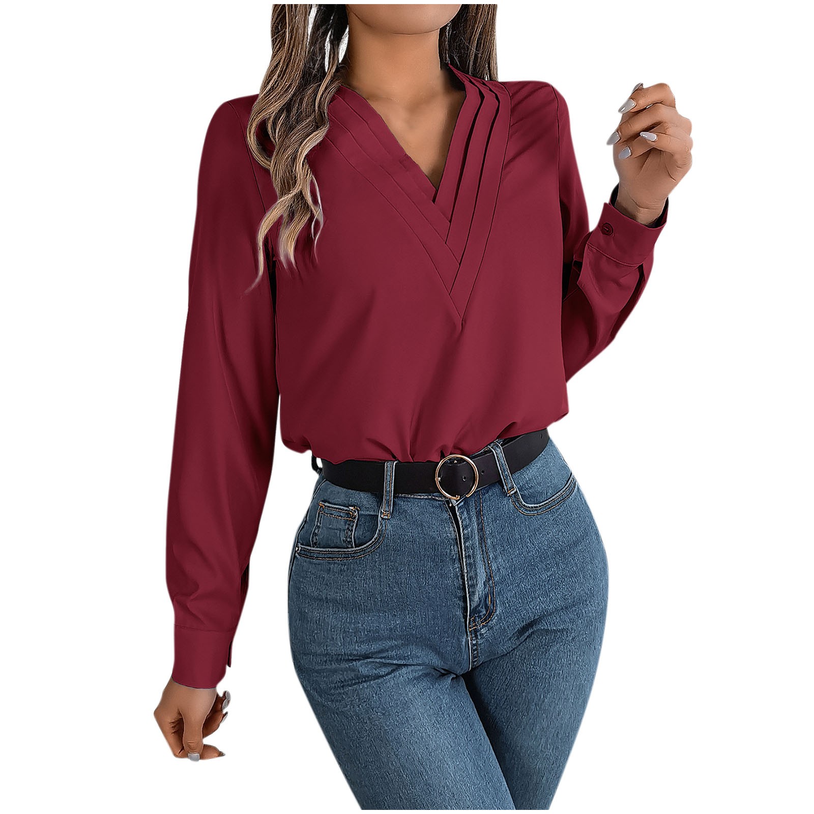 Timegard Formal Tops for Women V-Neck Long Sleeve Button Solid Color Tee Business Casual Loose Tops