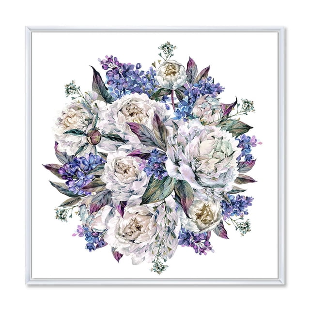 Designart Bouquet de Pivoines sur Cadre Flottant Blanc et Bleu ART Mural Représentant un Bouquet Centré de Pivoines Blanches et de Lilas Bleus avec des Feuilles Vertes et Violettes sur Fond Blanc, Imprimé sur Toile de Coton de Qualité Supérieure avec des Encres Résistantes à la Décoloration, Enveloppé sur un Cadre Flottant en Bois de 1 Po, Prêt à Accrocher et Idéal pour Ajouter un Charme floral Traditionnel à la Déco de la Maison.