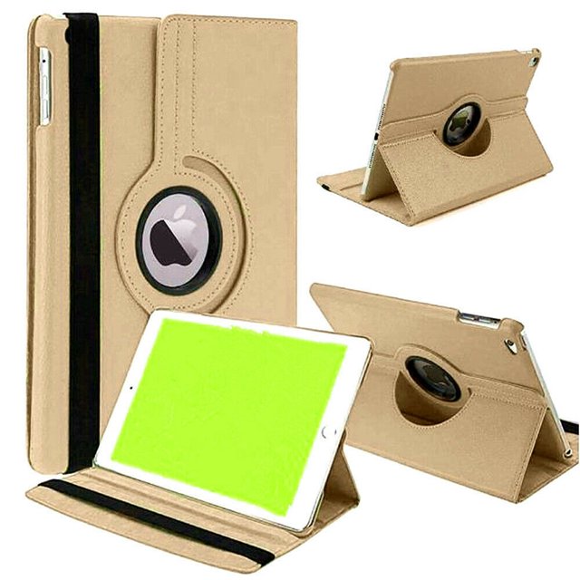 PST iPad 10.2" 7th 8th 9th Gen. Rotation Case featuring a 360-degree rotating PU leather design in a beige color. The case includes a shockproof hard back for protection against drops, a soft microfiber lining to prevent screen scratches, and an elastic band for secure closure. Perfect cutouts provide easy access to all ports, jacks, and the camera. Displayed in multiple angles to showcase its stand functionality for both vertical and horizontal orientations.