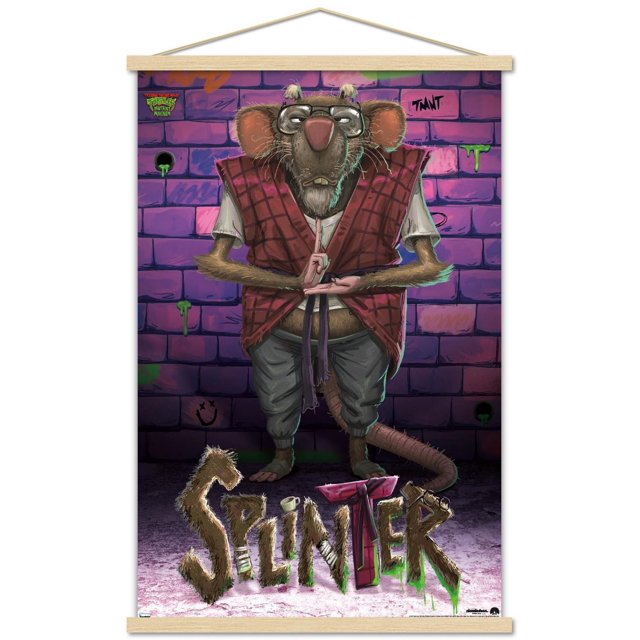 Chaos Mutant Les Tortues Ninja : - Affiche Murale Splinter, 22,375 Po x 34 Po, Montrant Splinter Debout Méditant contre un Mur de Briques graffiti Violet. Il Porte un Gilet à Carreaux Rouges, une Chemise Blanche, un Pantalon Gris et des Lunettes. le Nom à Texture Duveteuse « Splinter' » avec accents de slime Verts Est au Bas. Convient à la Déco Maison Ou à une Fête à Thème.