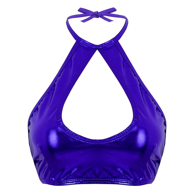 RUNQHUI Women's Shiny Metallic Keyhole Crop Top Halter Backless Rave Bandeau Vest Bra Clubwear Navy Blue One Size