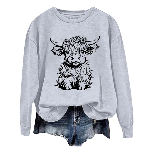 WEAIXIMIUNG Chandail pour Femmes Chic Chandail d'Automne et d'Hiver pour Femmes 2025 Col Rond Mode Chemise à Imprimé Vache Manches Longues Mode Décontractée Mode Haut de Sortie
