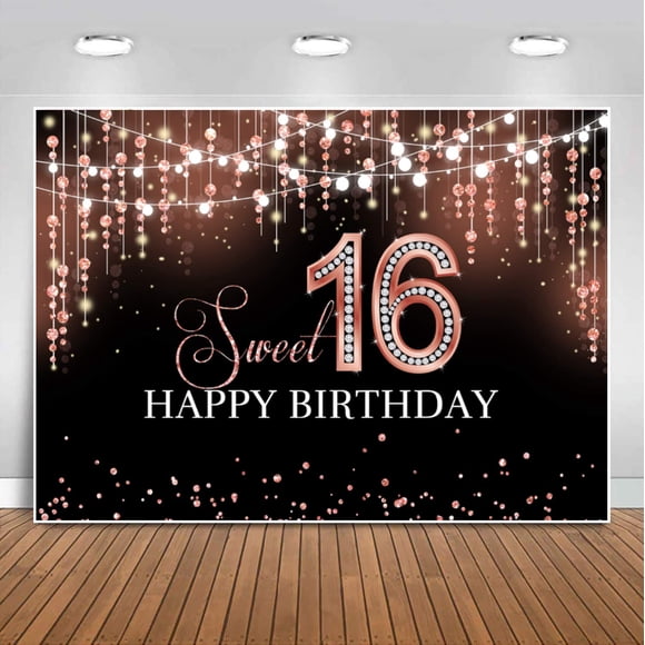 Sensfun Sweet 16 Birthday Party Backdrop Rose Gold Shiny Glitter Dots Diamond Princess Sweet Sixteen Photography Background for Girls Happy 16th Birthday Decorations Banner Photo Booth Backdrops 5x3ft