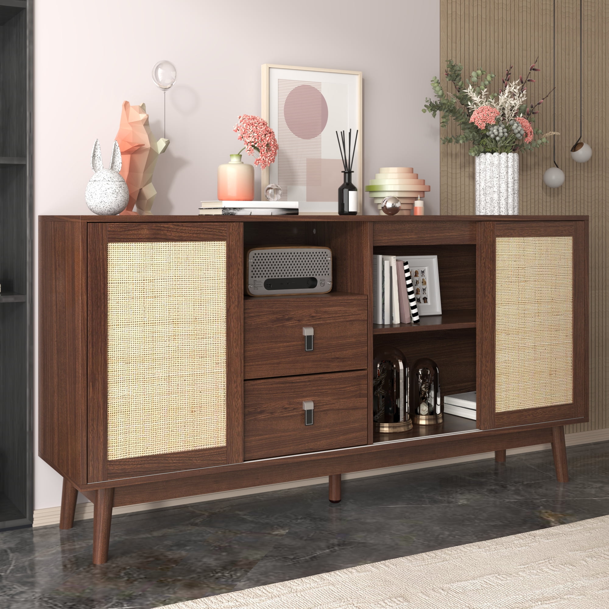 Noble House Buffet 61 Pouces avec Portes Coulissantes en Rotin Véritable et 2 Tiroirs, Armoire de Rangement Respirante et Robuste, Bois de Noyer