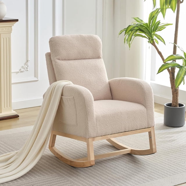 Bingirl Rocking Chair, Wingback Accent Rocker Chair Upholstered Tall Back Arm Chair w/Side Pockets, Ursing Rubber Wood Legs and Side Pocket for Living Room, Bedroom
