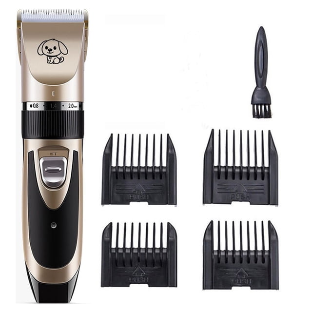 Meitianfacai Professional Pet Grooming Kit featuring rechargeable dog clippers in gold with a quiet and powerful motor. Includes four black attachment combs for adjustable hair lengths, a cleaning brush, and a compact design suitable for dogs, cats, and other animals. Lightweight and equipped with a sharp blade for smooth and safe grooming.