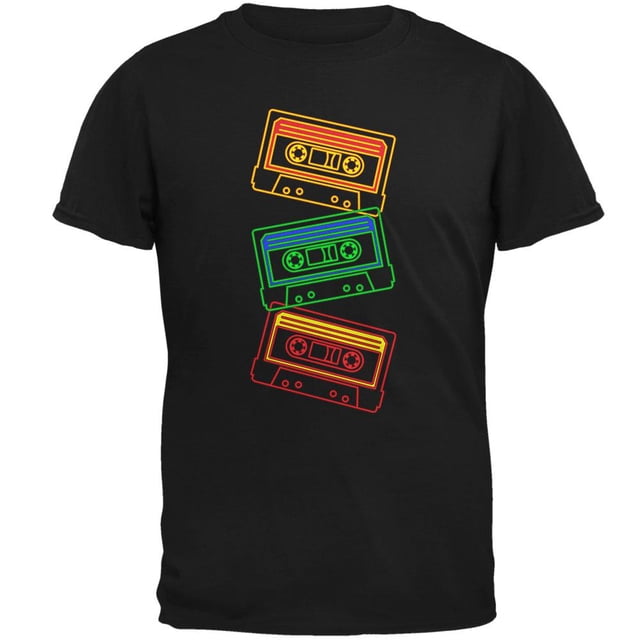 Retro 80s Neon Sign Cassette Tape Stacked Mens Soft T Shirt