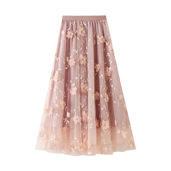 Ichuanyi Women's Long Tulle Tutu Skirt 3D Flower Embroidery Solid Color High Waist Mesh Midi Swing Skirt