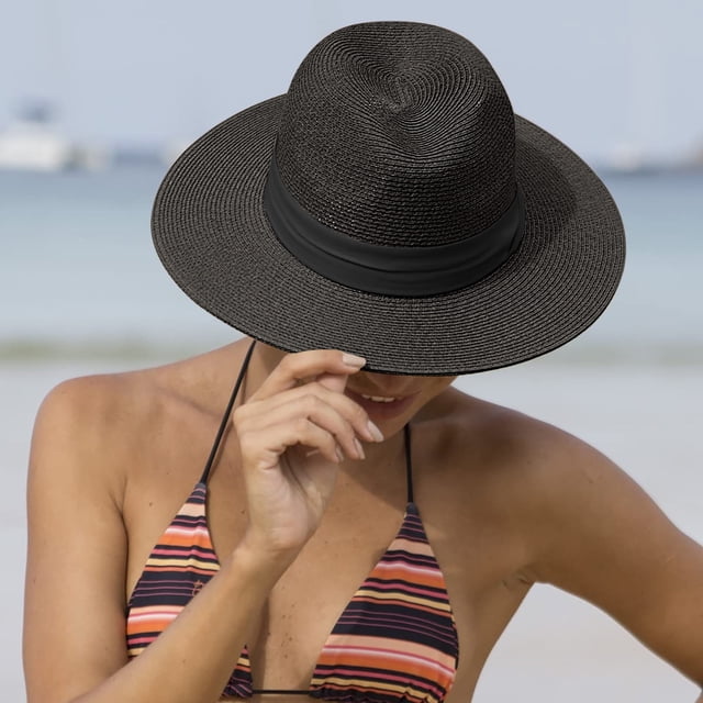 Meitianfacai Women's Sun Hat, Wide Rimmed Sun Protection Straw Hat Summer UV Protection Beach Cap with Ribbon