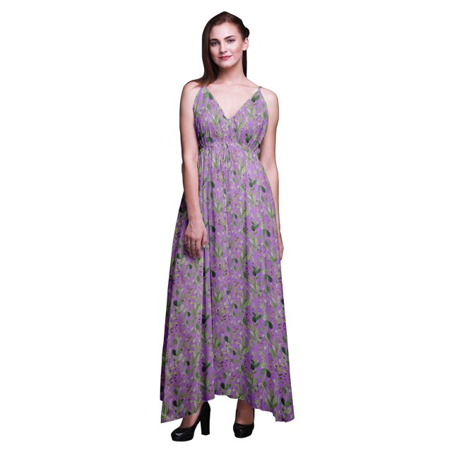 Bimba Leaves Ladies Printed Resort Maxi DrawstringDressSpaghetti Strap Beach Wear-Small