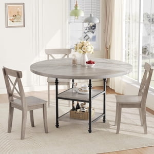 47-Inch Round Dining Table for 4, Wooden Kitchen Table for 6, Dinner Table with Storage Shelves & Roman Metal Legs for Dining Room, Kitchen, Living Room-Rustic Grey (Table Only)