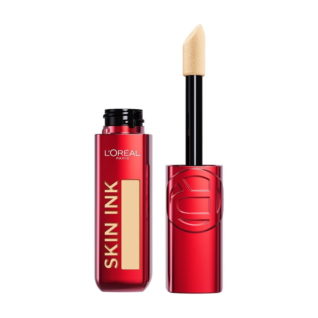 L'Oreal Paris Foundation & Concealer Hybrid Infallible Skin Ink in a glossy red rectangular bottle with gold lettering and a black cap, shown with the applicator wand featuring a beige angled sponge tip for precise, longwear, transfer-resistant matte coverage.