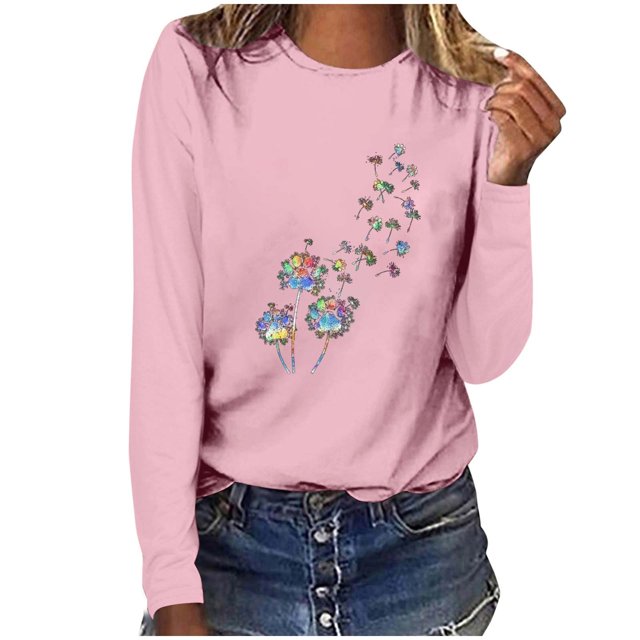Pisexur Hauts pour Femmes Mode d'Automne T-Shirt à Imprimé Graphique Amusant Col Rond Manches Longues Chemises pour Femmes Chic Décontracté Hauts de Sortie Confort Polyvalent Blouses Légères