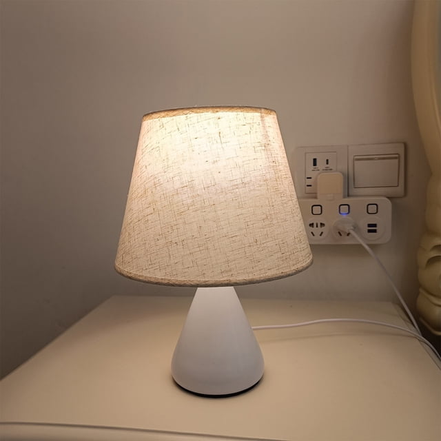 HOARBOEG Fabric Bedside Small Table Lamp White Linen Shaped Table Lamp Bedroom Lighting Eye Care Night Light