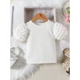 thumbnail image 4 of Honganda 1-6Y Toddler Girl Summer 2Pcs Outfit Solid Ribbed Bubble Short Sleeve Tops with Plaid Print A-Line Skirt Set, 4 of 9