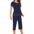 thumbnail image 4 of AherBiu Ensembles de Pyjama à Manches Courtes pour Femmes, Hauts à Col Ras du Cou avec Pantalons Capri, Tenue de Nuit 2 Pcs Confortable, 4 of 5