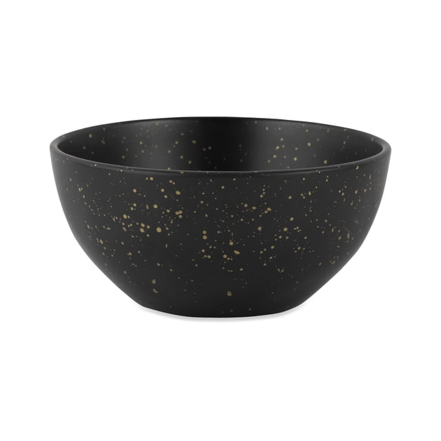 Thyme & Table Bol Merrick, Noir, un Bol à Souper Rond en Grès avec une Glaçure Noire Lisse et de Subtiles Mouchetures Dorées, Présenté dans une Vue de Profil 3/4 sur Fond Blanc, Idéal pour les Repas Quotidiens Ou les occasions Spéciales et Souvent Utilisé comme Bol de Service Décoratif.