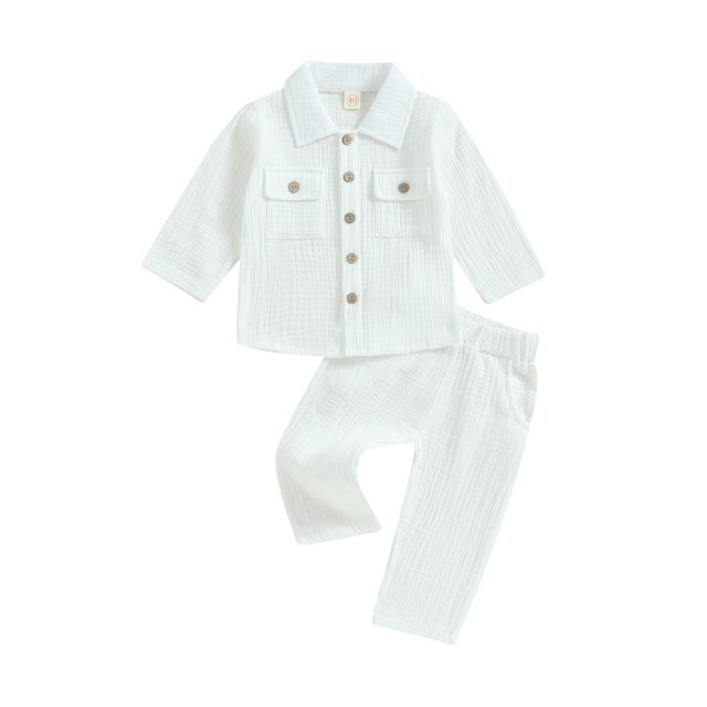 SUNSIOM 2Pcs Baby Boy Fall Outfits, a toddler boy outfit set with a long sleeve button-down lapel shirt and matching pants in white cotton blend fabric. The shirt features front pockets and button closures, while the pants have an elastic waistband and side pockets. Designed for boys aged 6 months to 4 years, perfect for fall, spring, and casual occasions.