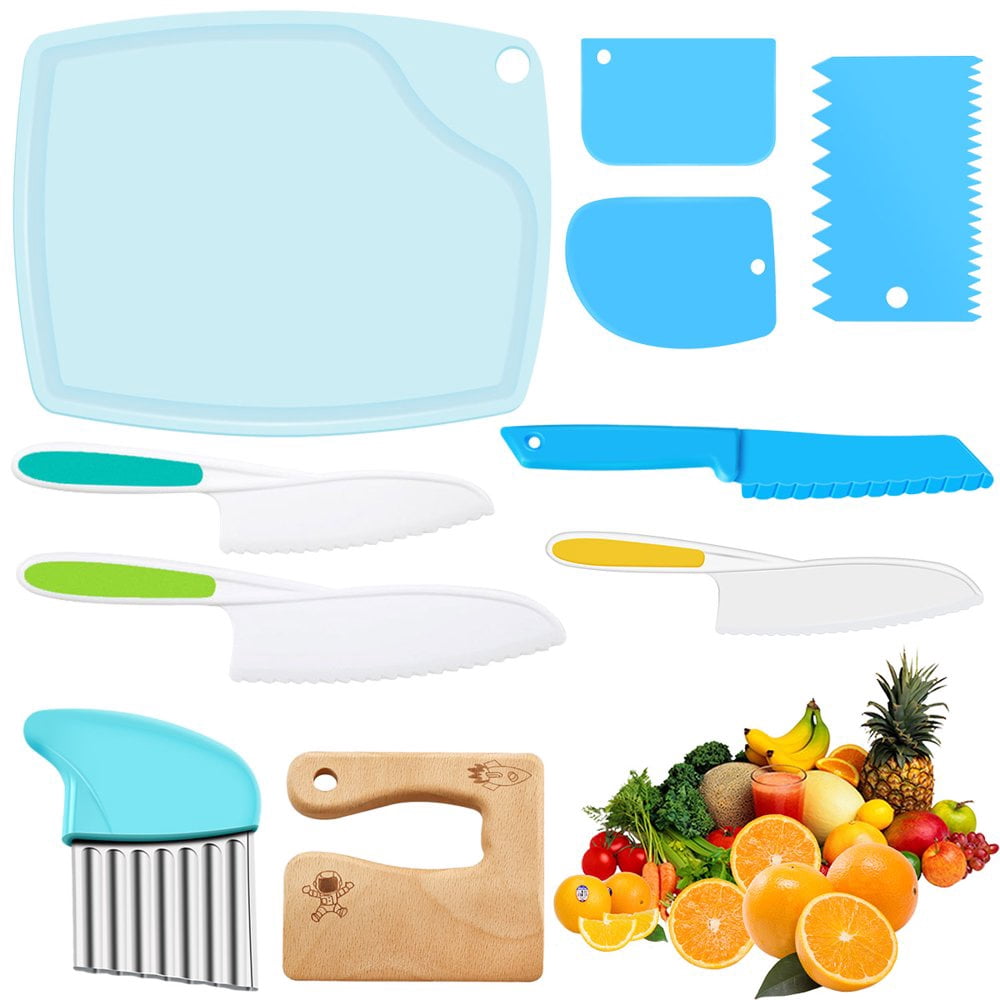 10PCS Wooden Kids Kitchen Knife Safe Plastic Toddler Kitchen Cutter Set Include Cutting Board and Potato Slicers For Children Kitchen Cooking