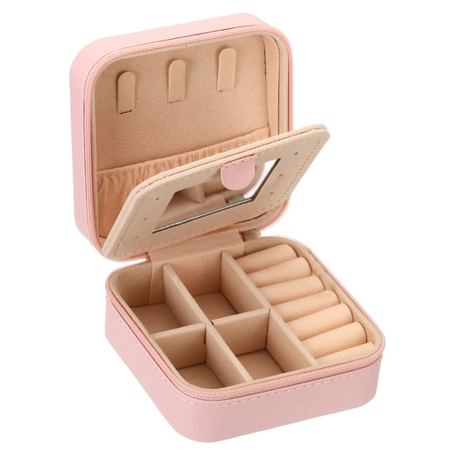 Unique Bargains Travel Jewelry Case, Small Jewelry Organizer Portable Mini Jewelry Box with Mirror Square Style 1, Pink