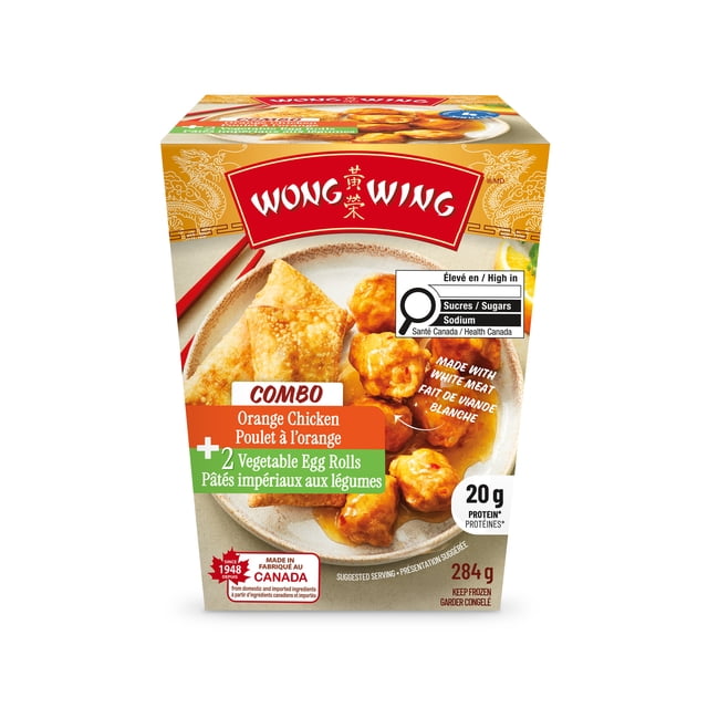 Combo Poulet à l'Orange et Rouleau d'Oeufs aux Légumes, Repas Surgelé par Wong Wing Comprenant des Bouchées de Poulet à la Viande Blanche Tendre avec une Saveur d'Agrumes Acidulée et Légèrement Sucrée et Deux Pâtés Impériaux aux Légumes dans une Assiette, Emballage de 284 g Fabriqué au Canada, Convient pour des Repas Rapides à Chauffer et à Servir.