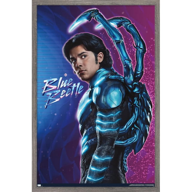 DC Comics Movie Blue Beetle - Jaime Reyes Wall Poster, 22.375" x 34", depicting Blue Beetle in a blue and black armored suit with glowing blue highlights and mechanical beetle limbs extending from the back, set on a purple and blue gradient background with stylized 'Blue Beetle' text, ideal for home or office wall decoration.