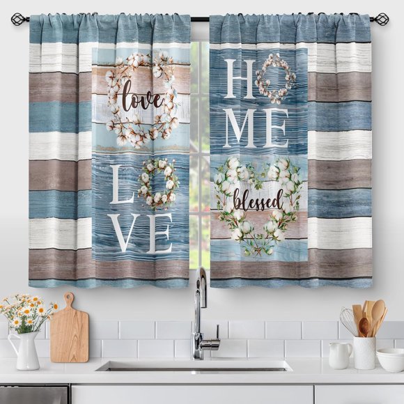 Teal Flowers Kitchen Curtains - Rustic Wood Cafe Farmhouse Small Short Window Curtains for Bathroom Living RV Room Rod Pocket Window Drapes 36 Inch Length 2 Panels Set 28"x36"