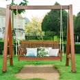 thumbnail image 3 of Gymax 2-Seat Patio Hanging Wooden Porch Swing Bench w/ Cushion & Hanging Ropes, 3 of 10