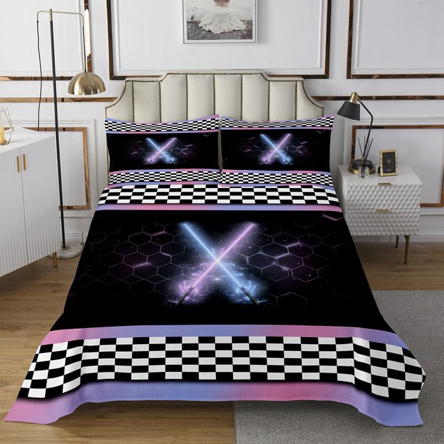 Erosebridal Teens Sports Bedspread Sets Queen Size, Lightsaber Bed Quilt, Racing Checkered Decor 3pcs