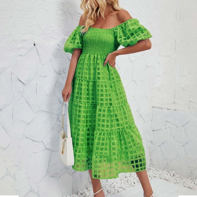 Gspmoly Robes d'Été pour Femmes, Robe à Épaules Dénudées à Manches Courtes Plissée à Taille Haute pour Femmes, Robes d'Été pour Femmes en Liquidation