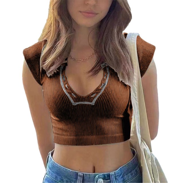 Timegard Going out Tops for Women Ribbed Cap Sleeve Low V Neck Comfy Slim Cropped Tops Summer Fashion