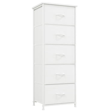 Eunos Commode Haute Blanche pour Chambre, Table de Chevet à 5 Tiroirs Verticaux en Tissu, Salon Couloir