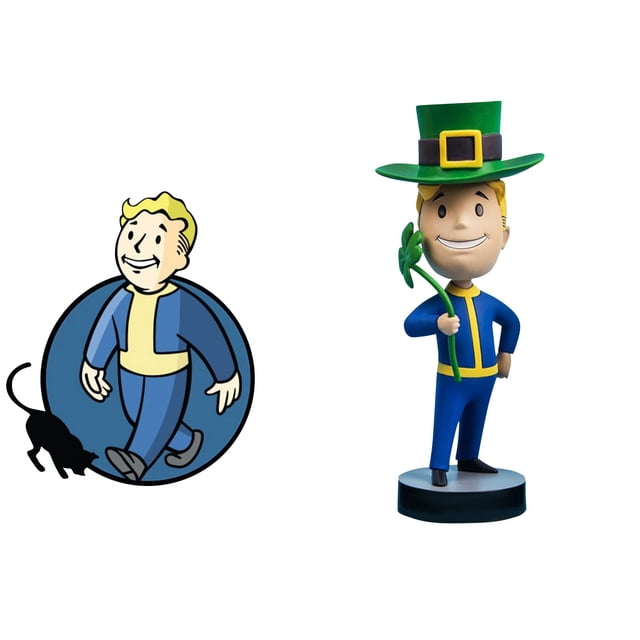 1 Pce Figurines d'Ornement de Bureau Fallout Vault Boy en Matériau PVC, Présentant une figurine d'Action de Collection Inspirée de la Série Fallout. la figurine Est de Taille Modérée, Mesurant Environ 13 à 15 Centimètres (5,11 à 5,90 Pouces), et Est Conçue pour Être Exposée sur des Bureaux Ou des Étagères. l'Ornement Met en Valeur un Personnage Vault Boy en Tenue Bleu et Jaune, Tenant un Trèfle Vert et Portant un Chapeau Vert avec une Boucle Dorée. Idéal pour les Amateurs