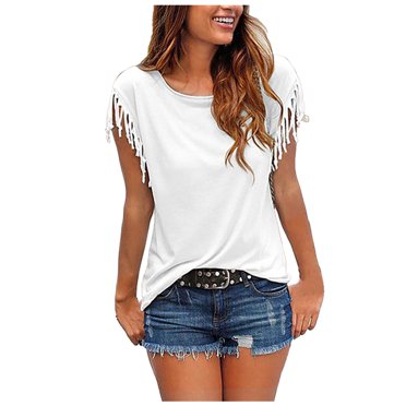 Heliisoer Womens Tops, Summer Clearance Women's Casual Fashion Loose Tassel Sleeves Multicolor Short-Sleeved T-Shirt