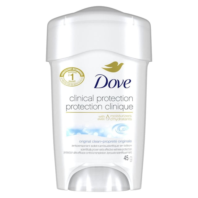 Dove Clinical Protection Antiperspirant Deodorant for Women Original Clean solid stick in white packaging with clear cap, enriched with 1/4 moisturizers for soft underarms, providing 48-hour clinical strength wetness protection, dermatologist tested, 45 g.