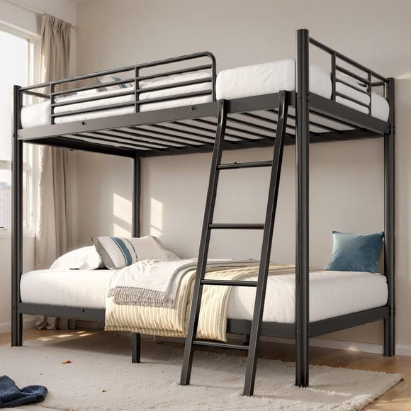 Soges Lit Superposé Simple sur Simple Cadre de Lit en Métal avec Échelles, Cadre de Lit Robuste et Lourd avec Garde-Corps de Sécurité pour Adultes, Aucun Sommier Requis, Noir