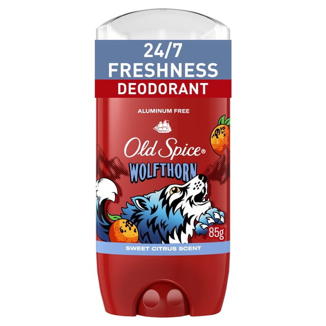 Old Spice Aluminum Free Deodorant for Men Wolfthorn, 85g red stick featuring a blue wolf and orange fruit graphics, offering 24/7 freshness and long-lasting sweet citrus scent for effective odor protection.