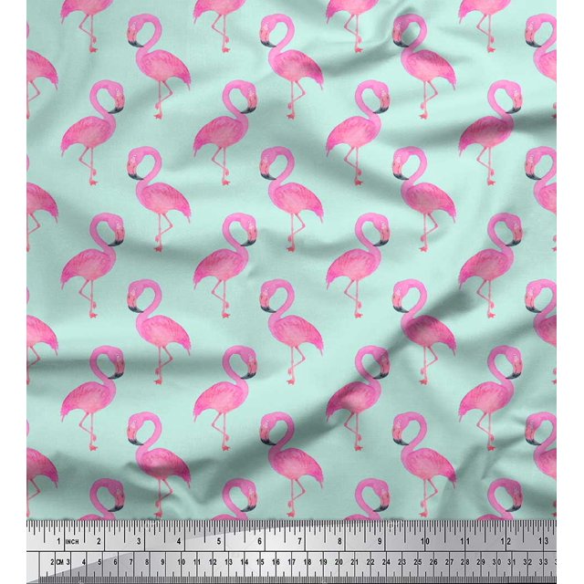 Soimoi Green Heavy Satin Fabric Flamingo Bird Fabric Prints By Yard 54 Inch Wide