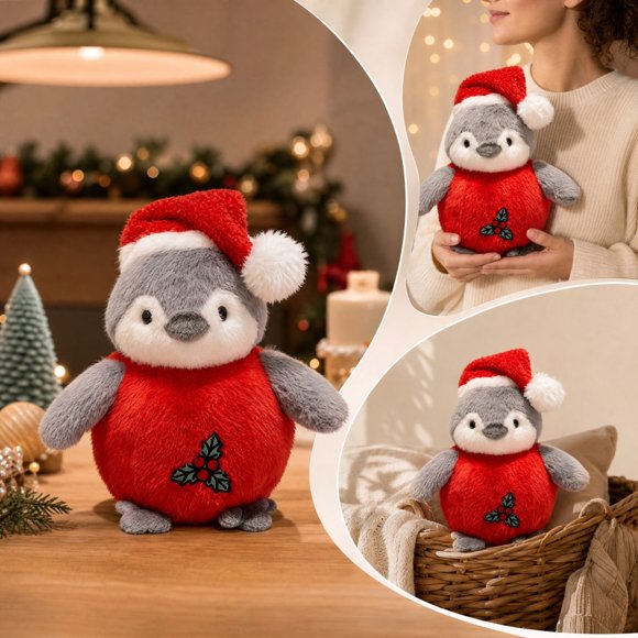 Christmas Sitting Reindeer Shelf Sitter Decor,Christmas Decoration Plush Stuffed Animals,Cute Penguin Santa Hat Figure for Tabletop Shelf, Soft Holiday Ornament Home Decor Gift