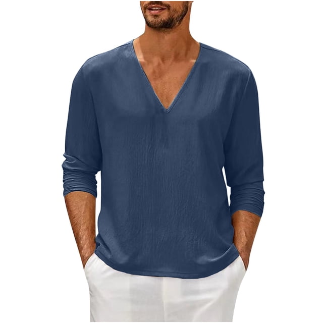 GigrtiJin Mens Long Sleeve T-Shirt Casual Fall V Neck Solid Color Tops Blouses Plus Size Basic Pullover Undershirt