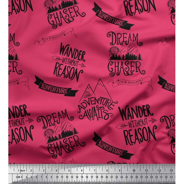 Soimoi Pink Silk Fabric Dream Chaser Text Print Sewing Fabric Yard 42 Inch Wide