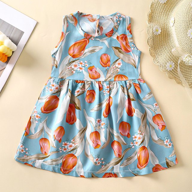 LOVZFMLL Girls' Summer Sleeveless Printed Round-Neck Embroidery Mesh Princess Bow Skirt