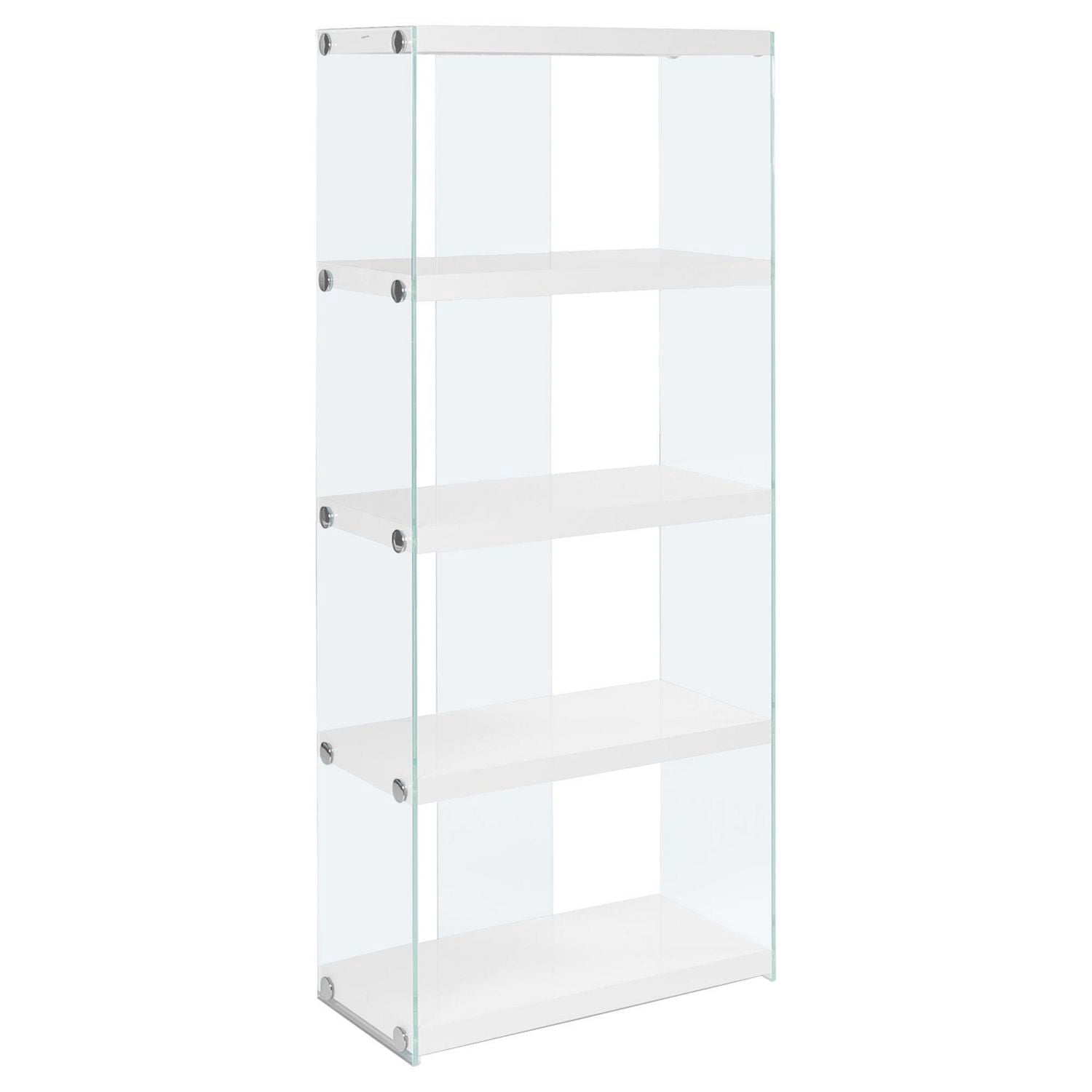 Monarch Specialties Bookshelf, Bookcase, Etagere, 5 Tier, 60"h, Office, Bedroom, Tempered Glass, Laminate, Glossy White, Clear, Contemporary, Modern