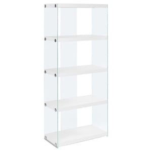 Monarch Specialties Bibliothèque, Bibliothèque, Etagere, 5 Tier, 60"h, Bureau, Chambre, Verre trempé, Stratifié, Blanc brillant, Clair, Contemporain, Moderne