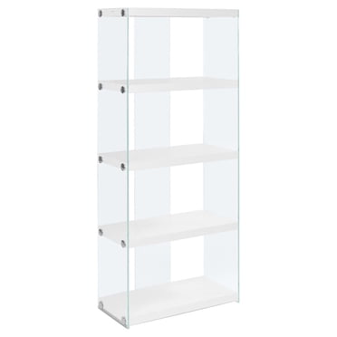 Monarch Specialties Bookshelf, Bookcase, Etagere, 5 Tier, 60"h, Office, Bedroom, Tempered Glass, Laminate, Glossy White, Clear, Contemporary, Modern