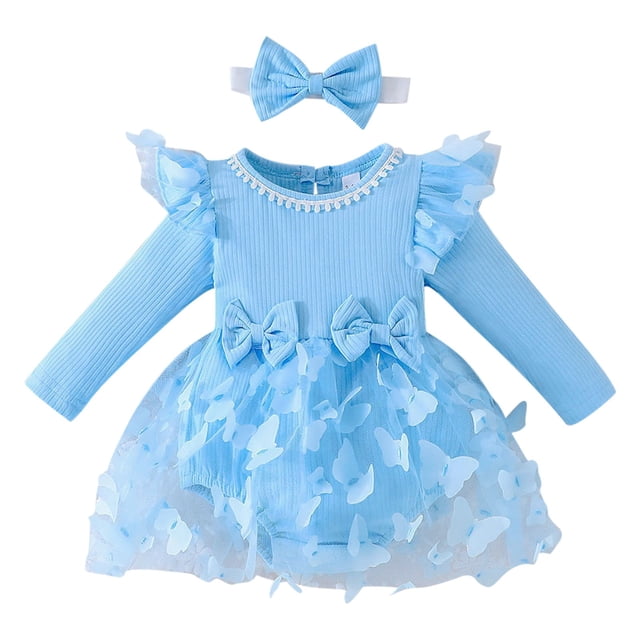 GPOECD Girls Long Sleeve Bowknot Solid Color Ruffles Romper Bodysuits with Headbands Outfits Long Sleeve Rompers for Girls Blue-j,3-6 Months
