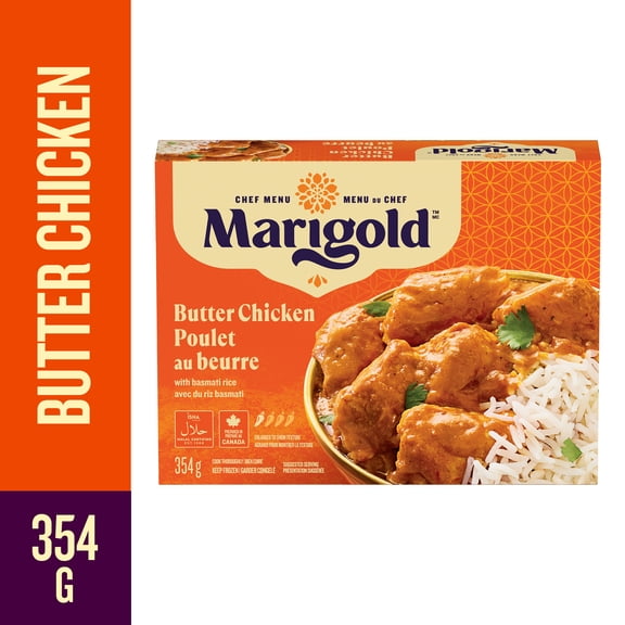 Repas surgelé de poulet au beurre MARIGOLD, incluant du poulet tendre, un cari de tomate et du riz basmati; plat halal préparé au Canada, 26g de protéines par portion MARIGOLD POULET AU BEURRE