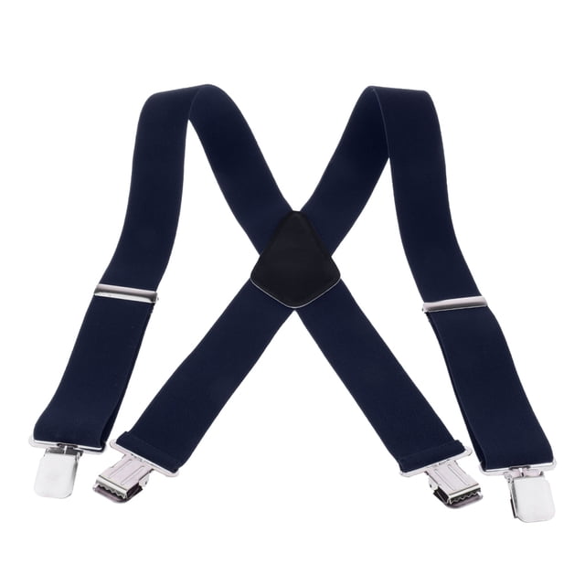 Bretelles à Clip Robustes en Bleu Marine, avec Bretelles Ajustables et clips Métalliques Durables. Ces Bretelles à Dos en X Sont Faites de Tissu Polyester-Coton de Haute Qualité avec une Longueur de Sangle d'Environ 105 cm (41,3 Pouces). Conçues pour Hommes, Elles Conviennent aux Pantalons, jeans, Complets et Pantalons, les Rendant Idéales pour le Travail, les Mariages, les Fêtes Ou le Port Quotidien.