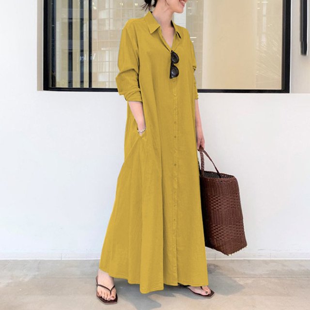 Bramtres Robes Maxi, Robes de Vacances, Robe Chemise Longue Décontractée pour Femme en Coton et Lin à Boutons avec Poches, Longues Robes, Robe à Manches Longues, Robes Modestes, Robe Jaune, 3TG